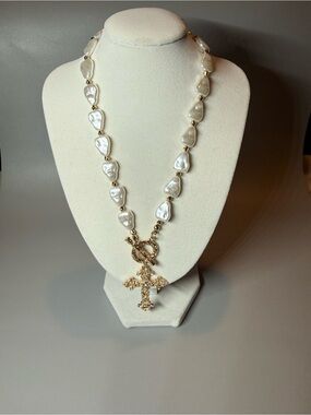 Gold Tone Faux Pearl Cross Pendant Statement Necklace